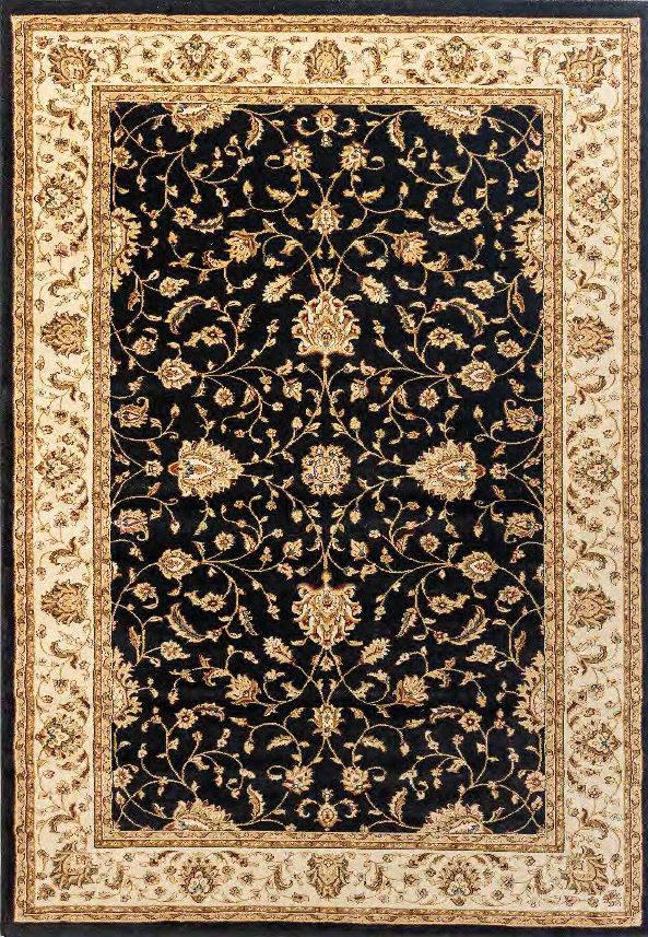 A traditional oriental-style area rug with a black center field decorated with intricate beige and gold floral motifs, surrounded by a wide cream-colored border with detailed floral patterns.