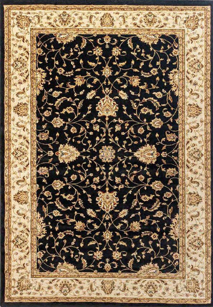 A traditional oriental-style area rug with a black center field decorated with intricate beige and gold floral motifs, surrounded by a wide cream-colored border with detailed floral patterns.