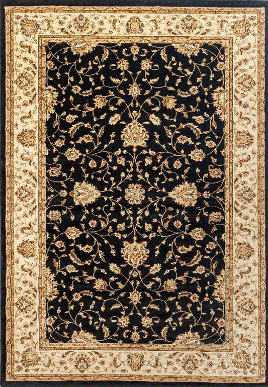 A traditional oriental-style area rug with a black center field decorated with intricate beige and gold floral motifs, surrounded by a wide cream-colored border with detailed floral patterns.