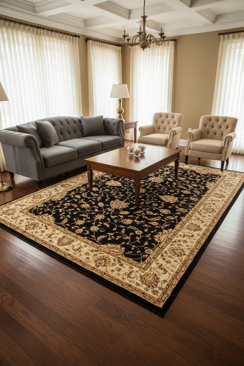 A traditional oriental-style area rug with a black center field decorated with intricate beige and gold floral motifs, surrounded by a wide cream-colored border with detailed floral patterns.