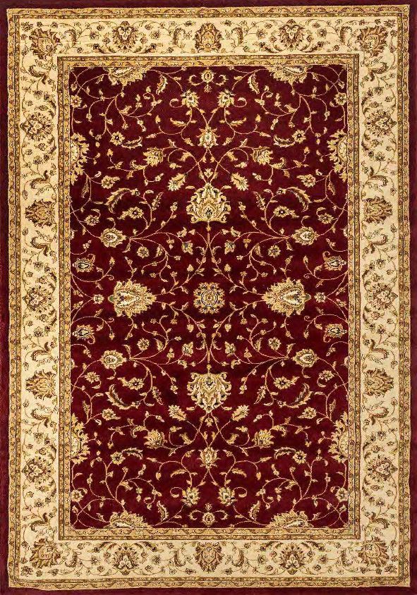 A traditional oriental-style area rug with a deep burgundy red field, ornate beige and gold floral motifs, and a wide beige border.