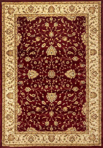 A traditional oriental-style area rug with a deep burgundy red field, ornate beige and gold floral motifs, and a wide beige border.