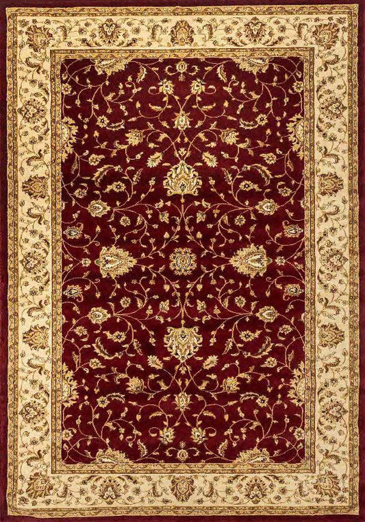 A traditional oriental-style area rug with a deep burgundy red field, ornate beige and gold floral motifs, and a wide beige border.
