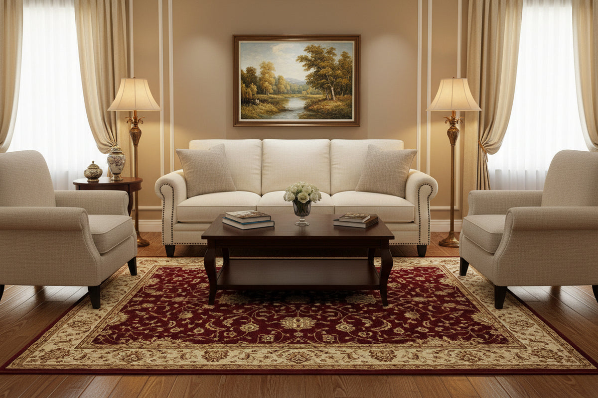 A traditional oriental-style area rug with a deep burgundy red field, ornate beige and gold floral motifs, and a wide beige border.