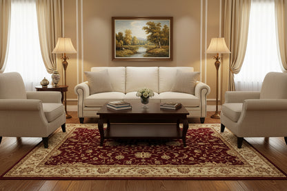 A traditional oriental-style area rug with a deep burgundy red field, ornate beige and gold floral motifs, and a wide beige border.