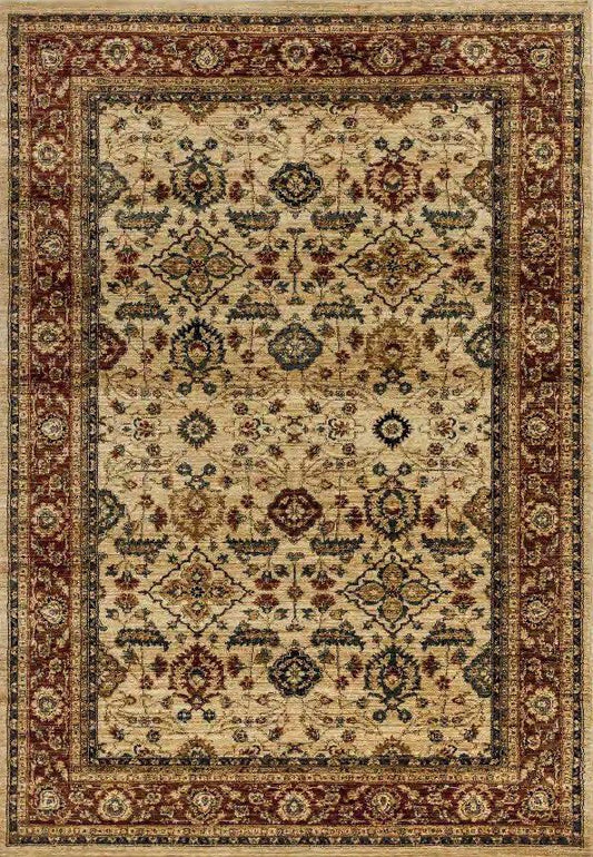 A traditional oriental-style area rug with an intricate floral and geometric pattern, featuring a beige center field, a dark red inner border, and a wide outer border in brown, beige, and red tones.