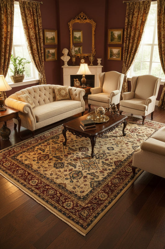 A traditional oriental-style area rug with an intricate floral and geometric pattern, featuring a beige center field, a dark red inner border, and a wide outer border in brown, beige, and red tones.