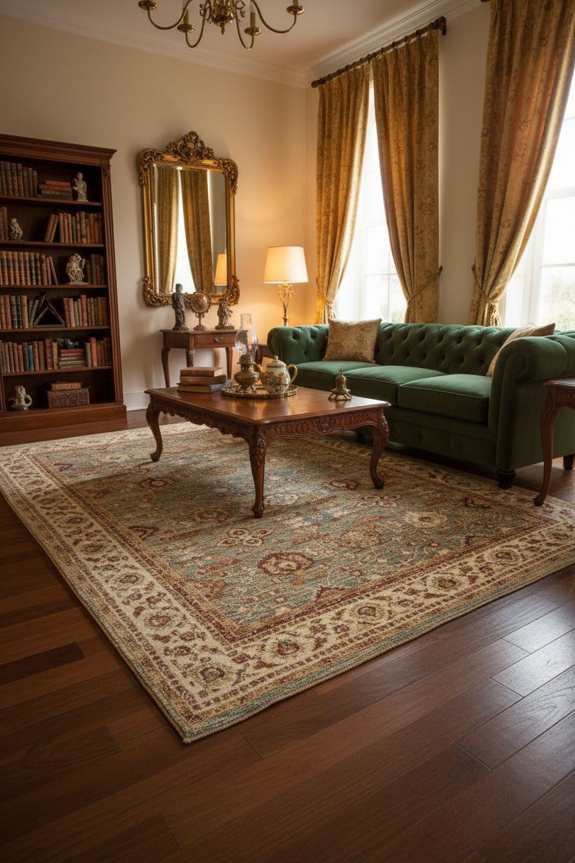 A traditional oriental-style area rug with an intricate floral and geometric pattern in muted tones of beige, blue, rust red, and brown.