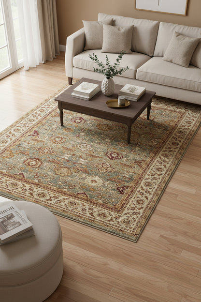 A traditional oriental-style area rug with an intricate floral and geometric pattern in muted tones of beige, blue, rust red, and brown.
