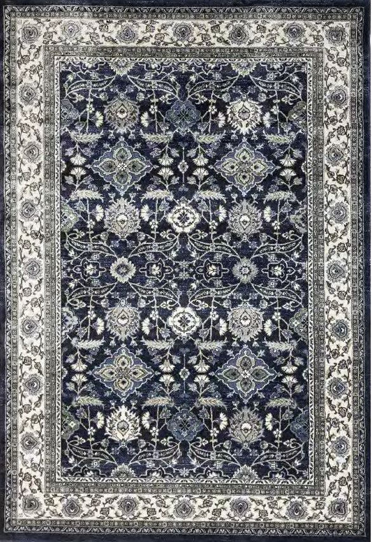 A traditional oriental-style area rug with an intricate floral and geometric pattern in navy blue, cream, and gray, shown flat from a top-down perspective.