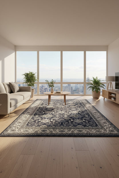 A traditional oriental-style area rug with an intricate floral and geometric pattern in navy blue, cream, and gray, shown flat from a top-down perspective.