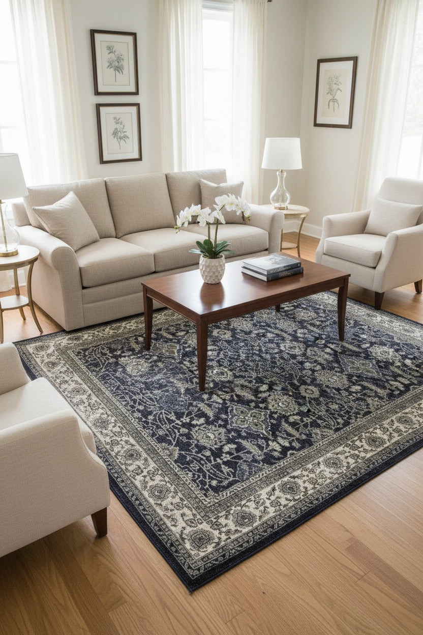 A traditional oriental-style area rug with an intricate floral and geometric pattern in navy blue, cream, and gray, shown flat from a top-down perspective.