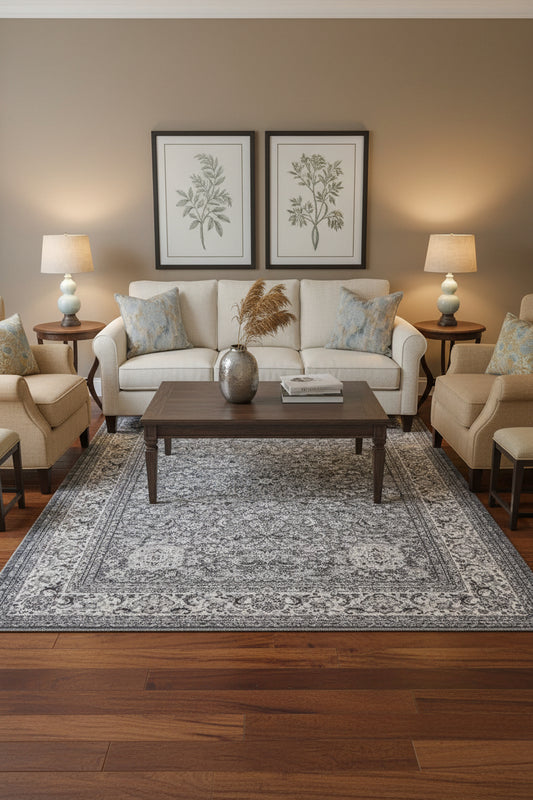 A square area rug with an intricate traditional floral and medallion pattern in shades of gray, beige, and off-white.