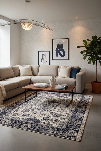 A rectangular area rug with an ornate traditional floral pattern, featuring a cream center field and a dark navy blue border.