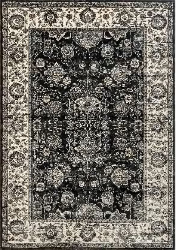 Decorative rug with intricate patterns in black and white on a matching border