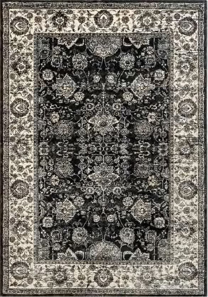 Decorative rug with intricate patterns in black and white on a matching border