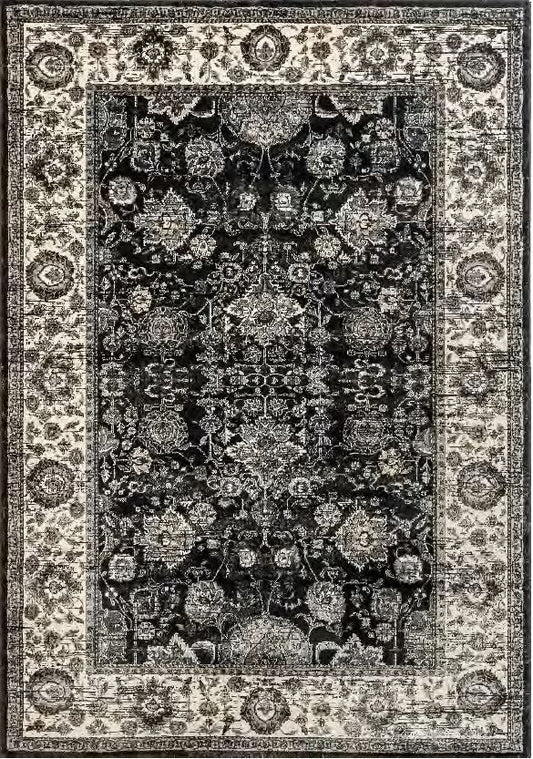 Decorative rug with intricate patterns in black and white on a matching border