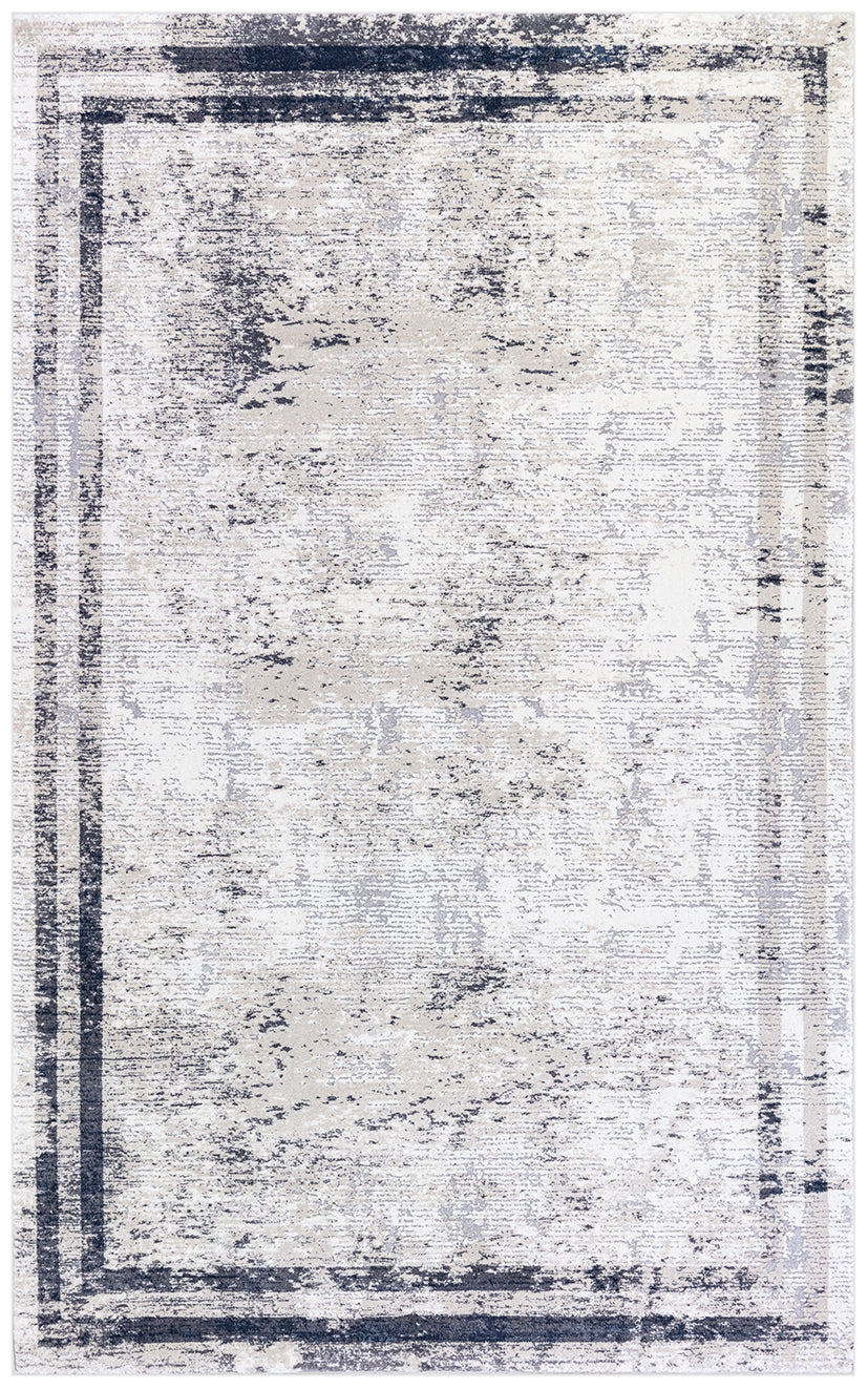 A rectangular area rug with a distressed, vintage-style pattern in off-white, beige, and navy blue, featuring a thick dark navy border.
