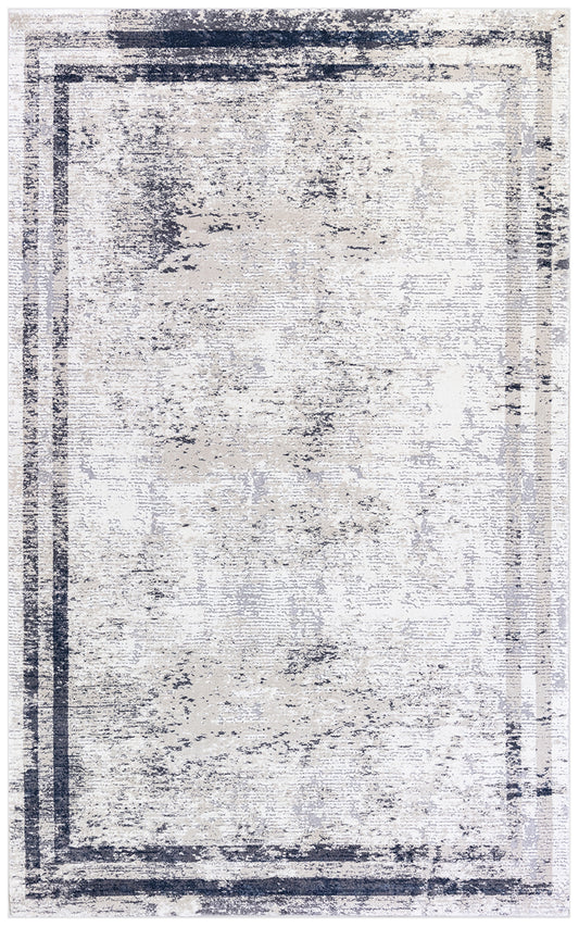 A rectangular area rug with a distressed, vintage-style pattern in off-white, beige, and navy blue, featuring a thick dark navy border.