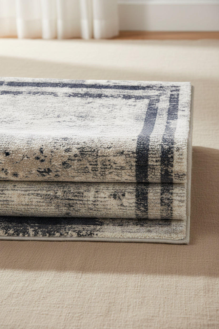 A rectangular area rug with a distressed, vintage-style pattern in off-white, beige, and navy blue, featuring a thick dark navy border.