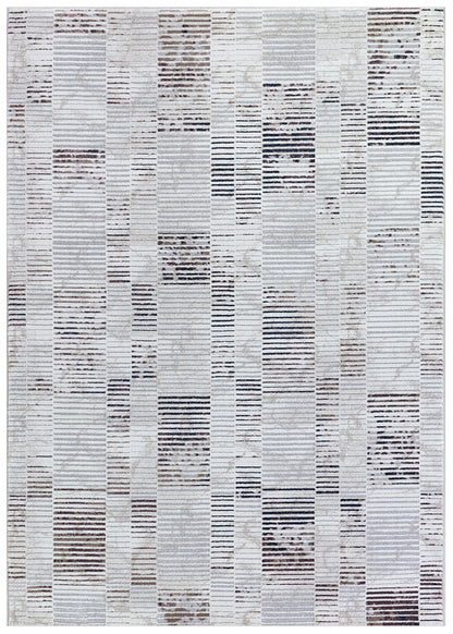 A square area rug featuring a modern abstract striped pattern in shades of off-white, light gray, beige, and charcoal.