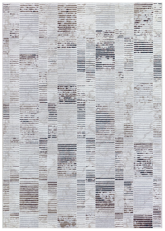A square area rug featuring a modern abstract striped pattern in shades of off-white, light gray, beige, and charcoal.