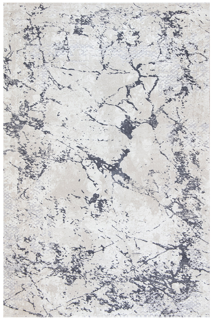 A square area rug with an abstract distressed pattern in cream, beige, and charcoal gray.