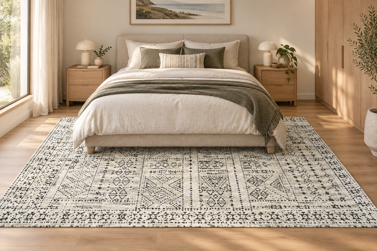 Argentina Pelago rug styled beneath a bed in a contemporary bedroom