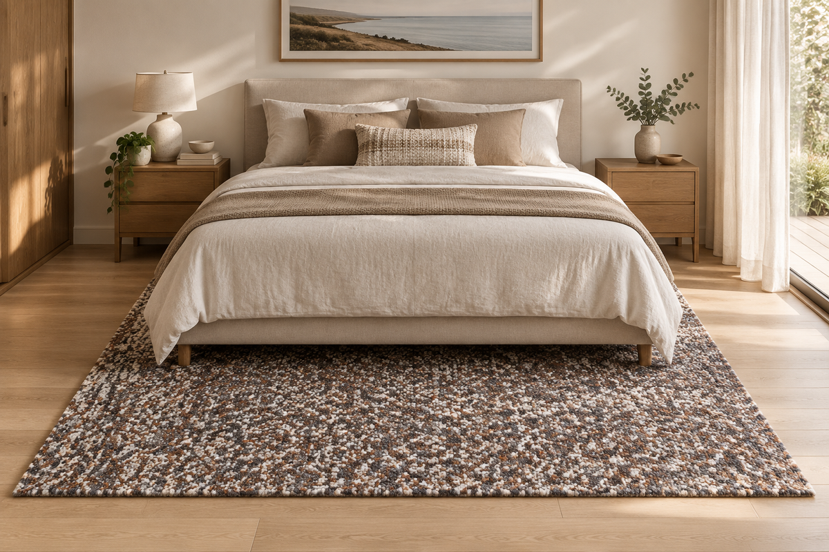 Aruba Conch rug styled beneath a bed in a contemporary bedroom