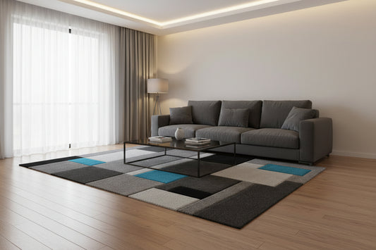 A modern geometric area rug featuring a block pattern in shades of gray, black, and white, accented with two bright teal blue squares, shown from an elevated perspective on a white background.