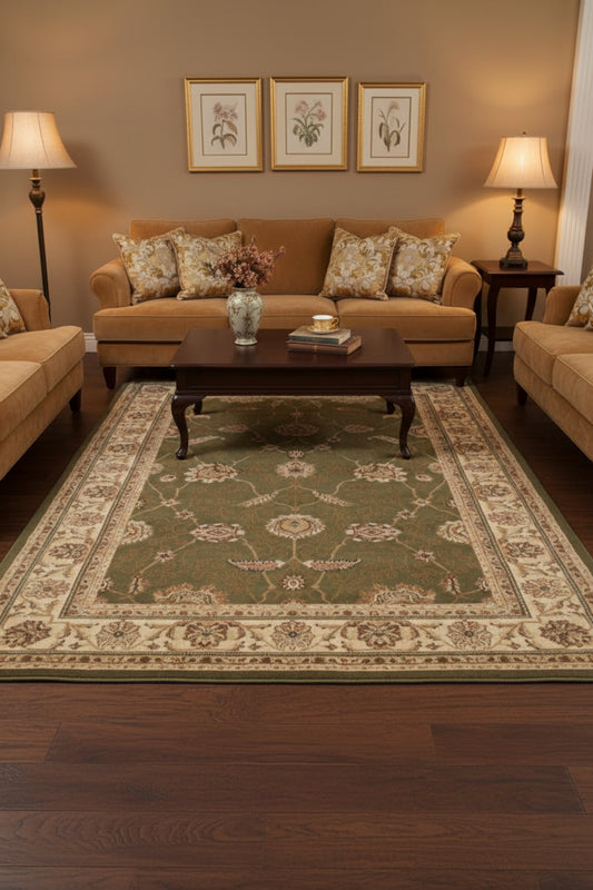 An area rug with an ornate traditional pattern, featuring a dark olive green center field surrounded by beige and brown borders.