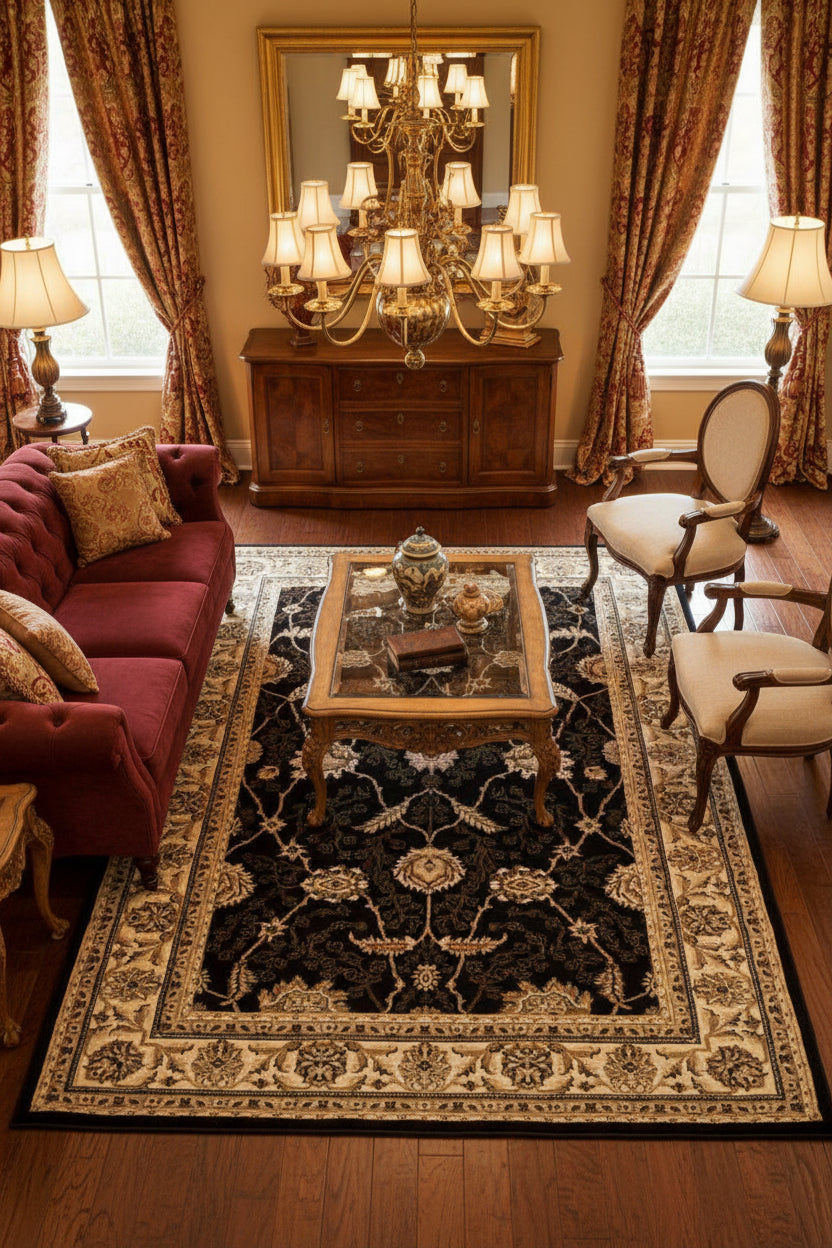 A traditional oriental-style area rug with a black central field and an ornate cream, beige, and muted gold floral border.