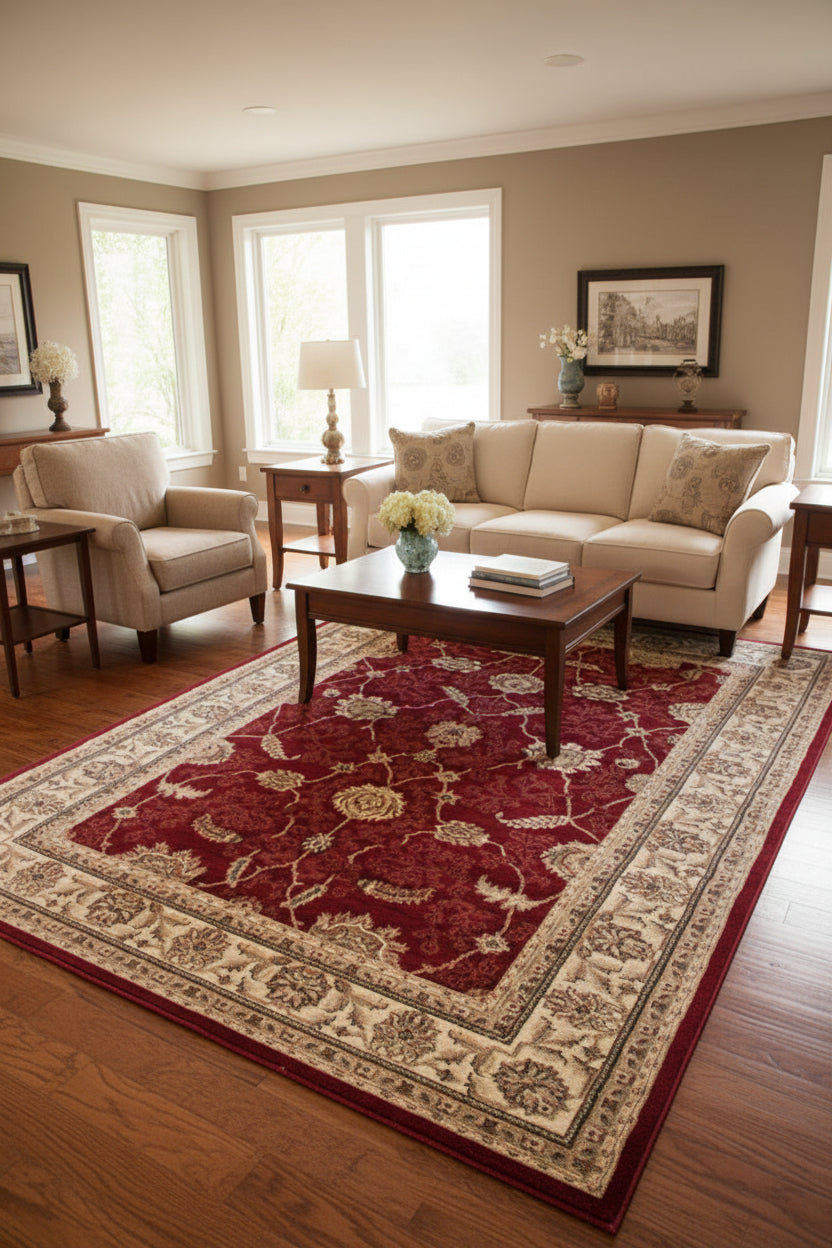 A traditional oriental-style area rug with a deep red central field, cream and beige floral motifs, and a wide cream border.