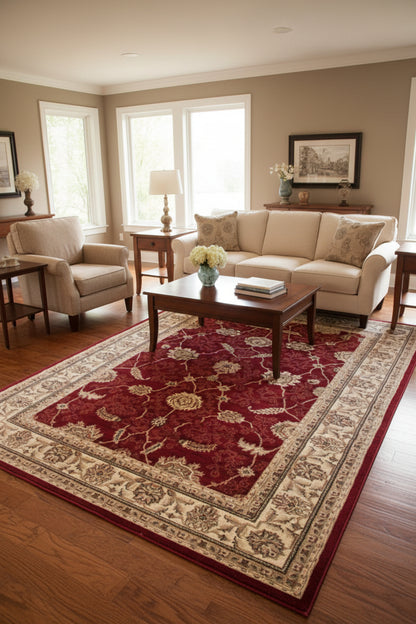 A traditional oriental-style area rug with a deep red central field, cream and beige floral motifs, and a wide cream border.